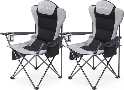 Aohanoi Camp Chairs - Heavy-Duty Folding Outdoor Chairs with Cup Holder & Cooler Bag | Supports Up to 300lbs (2 Pack, Black)