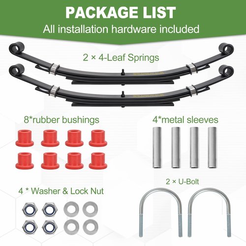 TechInovat for Club Car DS Rear 4-Leaf Springs Kit 1981-up Gas & Electric Heavy Duty Golf Cart with Bushings & Sleeves U Bolt, Replace OEM 1014675 102006501 1011149 1012618 1012324 1010974