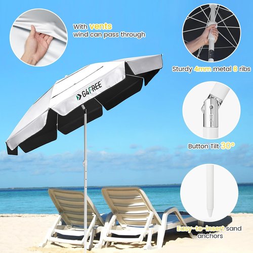 G4Free Heavy Duty Beach Umbrella - UPF 50+ UV Protection Double Canopy with Air Vent | 6.5 ft Portable Sun Shelter