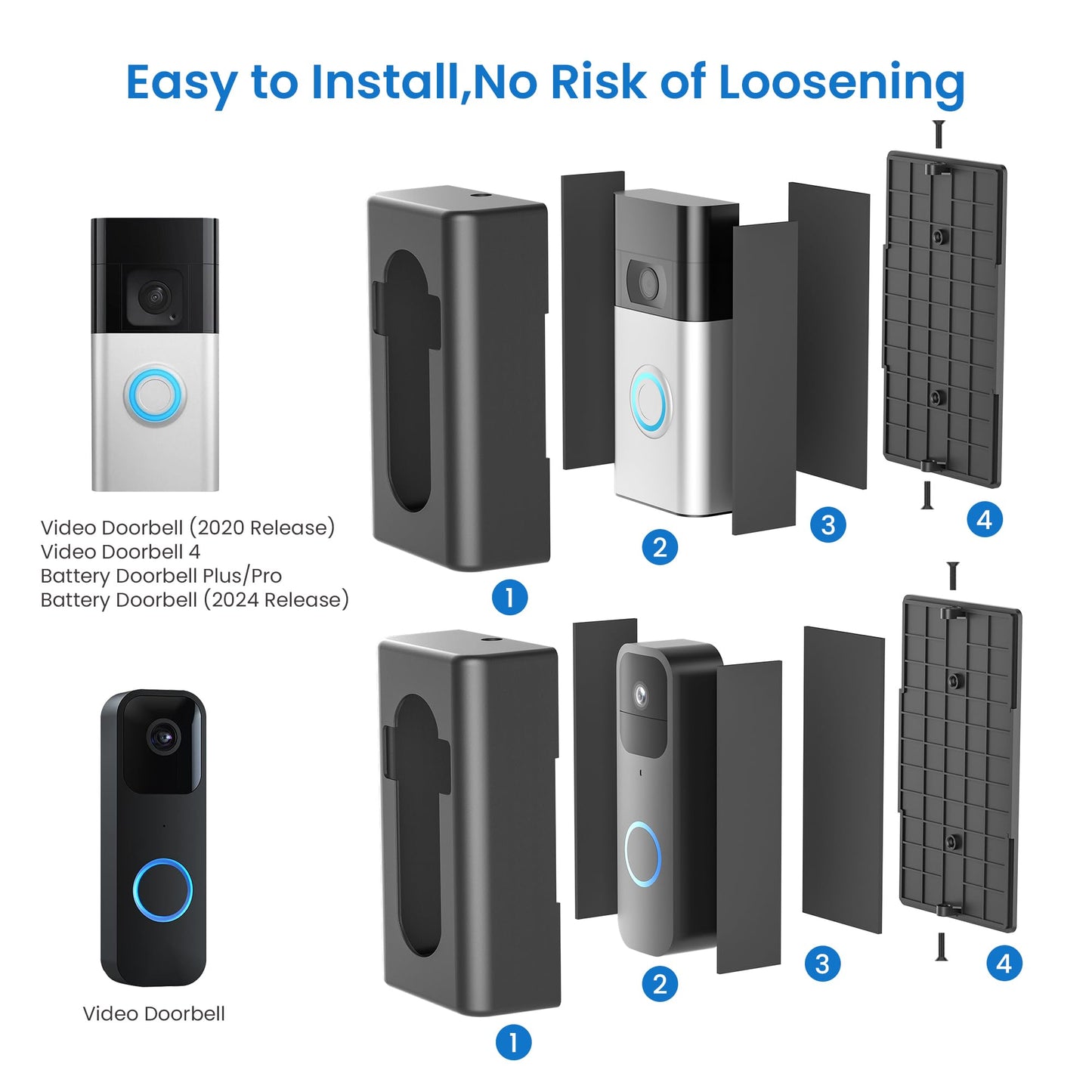 Adhesive Video Doorbell Mount,AHBTEYM Mount No Drill Bracket Holder Accessories for Apartment Home Rentals Compatible with Ring Video Doorbell 4/3/3 Plus/2/1/2021/2023/2024 Release(Black)