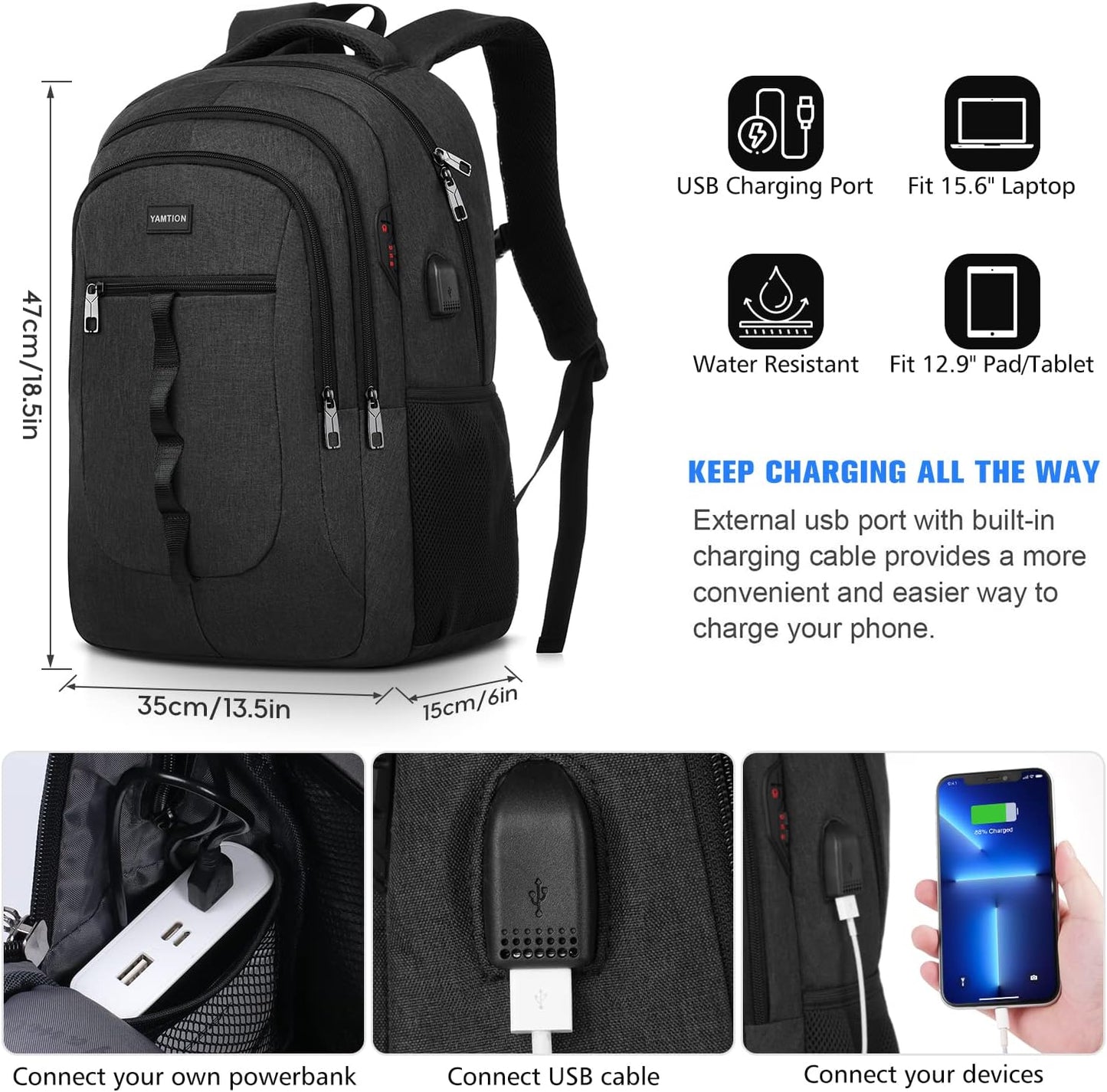 YAMTION Black Backpack - Versatile Laptop Bag with USB Port for School, Work & Travel