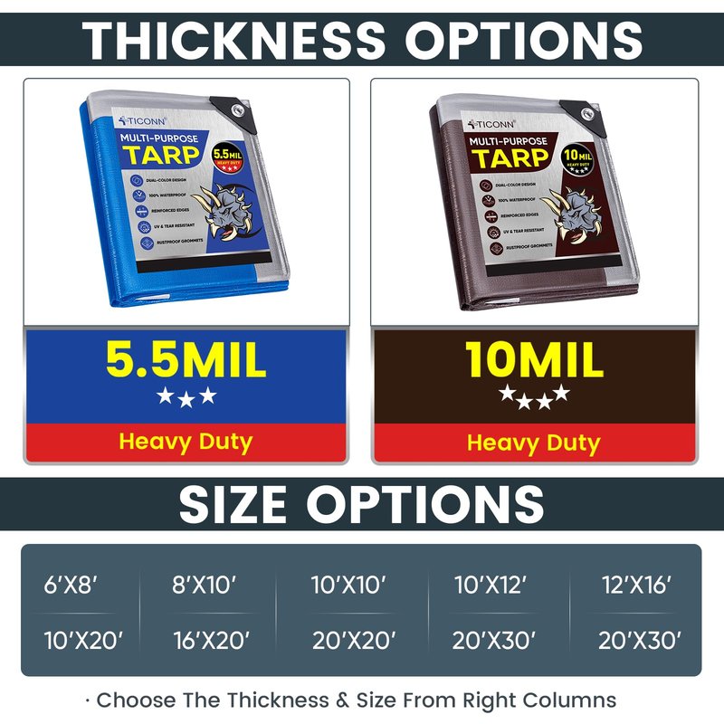 TICONN Heavy Duty Tarp Cover, Extra Thick Tarps Waterproof Tear and Rip Proof UV Resistant Tarpaulin with Reinforced Grommets and Edges (5.5 Mil/2PK, 8'x10')
