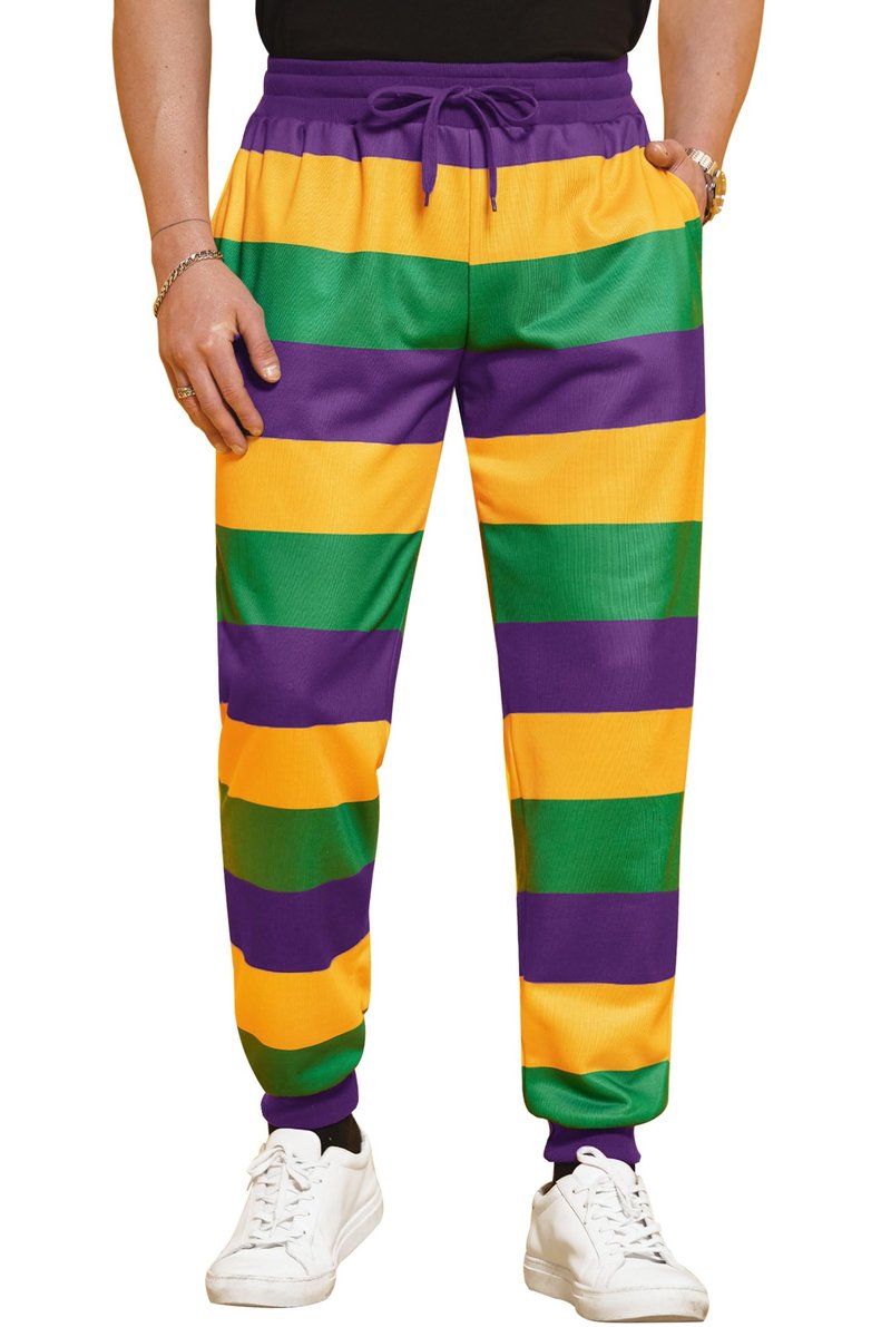 Arvilhill Men Mardi Gras Pants Funny Parade Purple Gold Green Party Sweatpants Fat Tuesday Casual Drawstring Joggers Striped XL