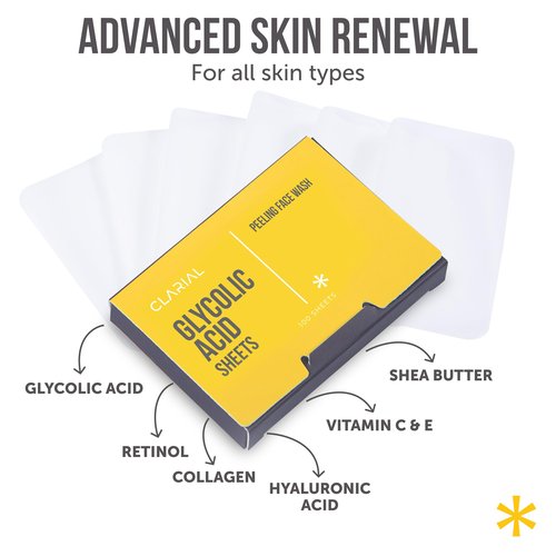 CLARIAL Glycolic Acid Soap Sheets - 100 Exfoliating Peel Face Wash - Travel Size Facial Cleanser with Vitamin C, Retinol, Kojic Acid, Collagen - Anti Aging and Minimizes Pores and Scars - 2 Pack