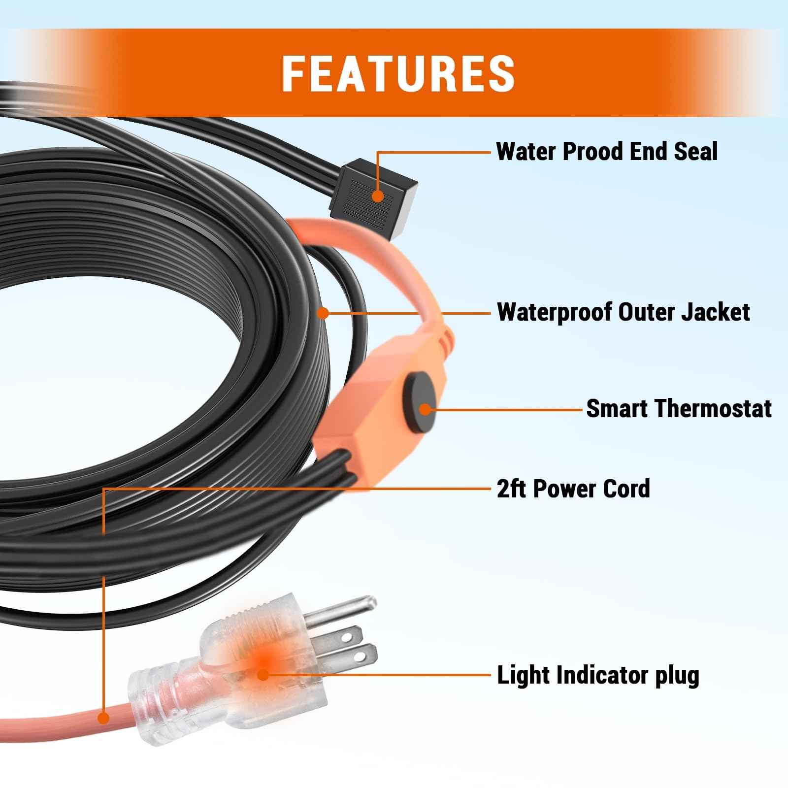 12FT Pipe Heat Tape and Heat Cable with Built-in Thermostat, Easy Install, Prevents Freezing for Metal and Plastic Pipes, Keeps Water Flowing at -40°F, 7W/ft, 120V