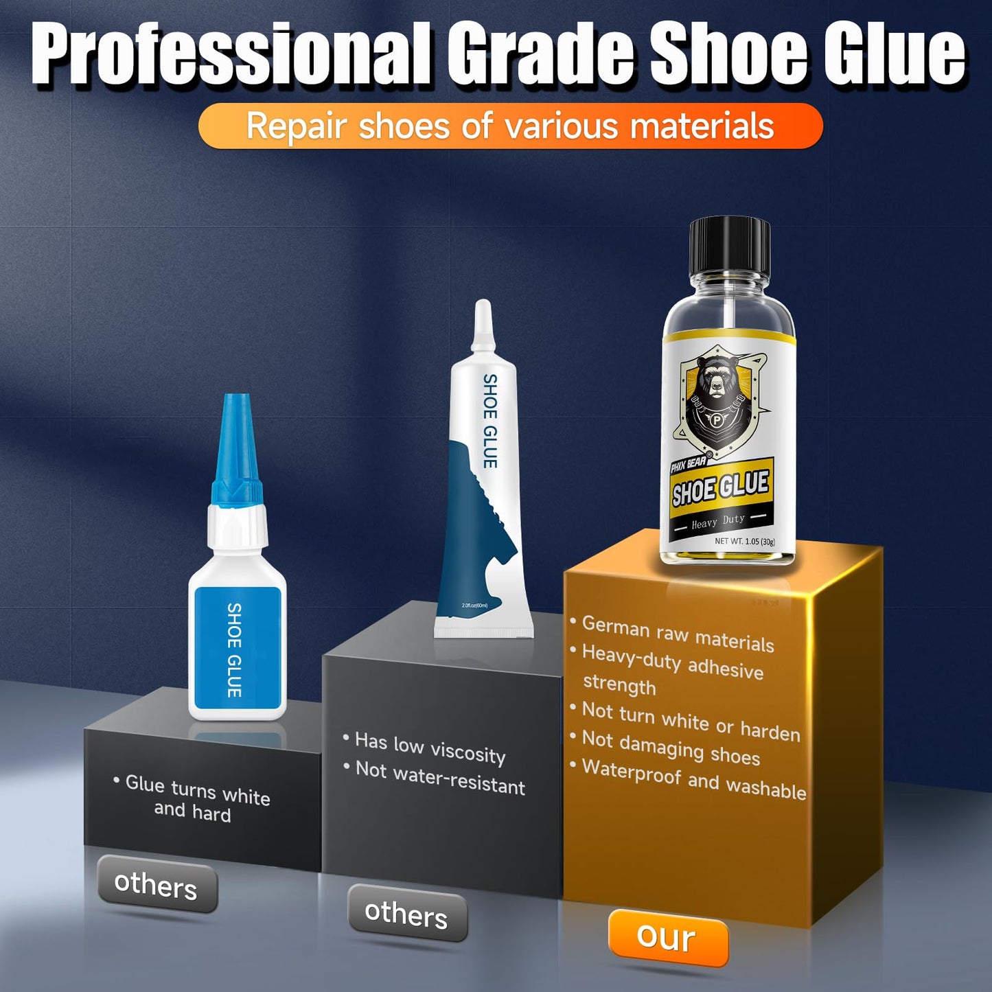 PHIXBEAR Professional Grade Shoe Glue Repair Adhesive, Heavy Duty Clear Flexible Glue : Low Odor, No White, No Hard, 1.05 fl oz