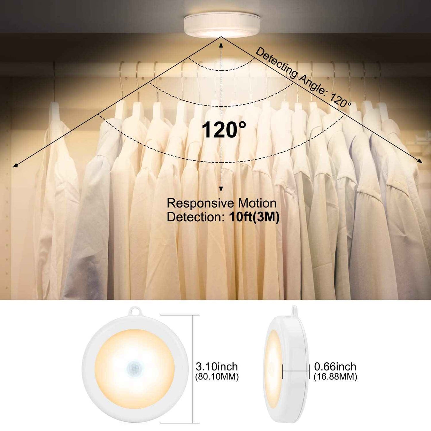 Mlambert 4 Pack Motion Sensor LED Night Light, Cordless Battery-Powered Stick-on Magnet Closet Lights, Safe Lighting for Stairs, Cabinet, Warm White