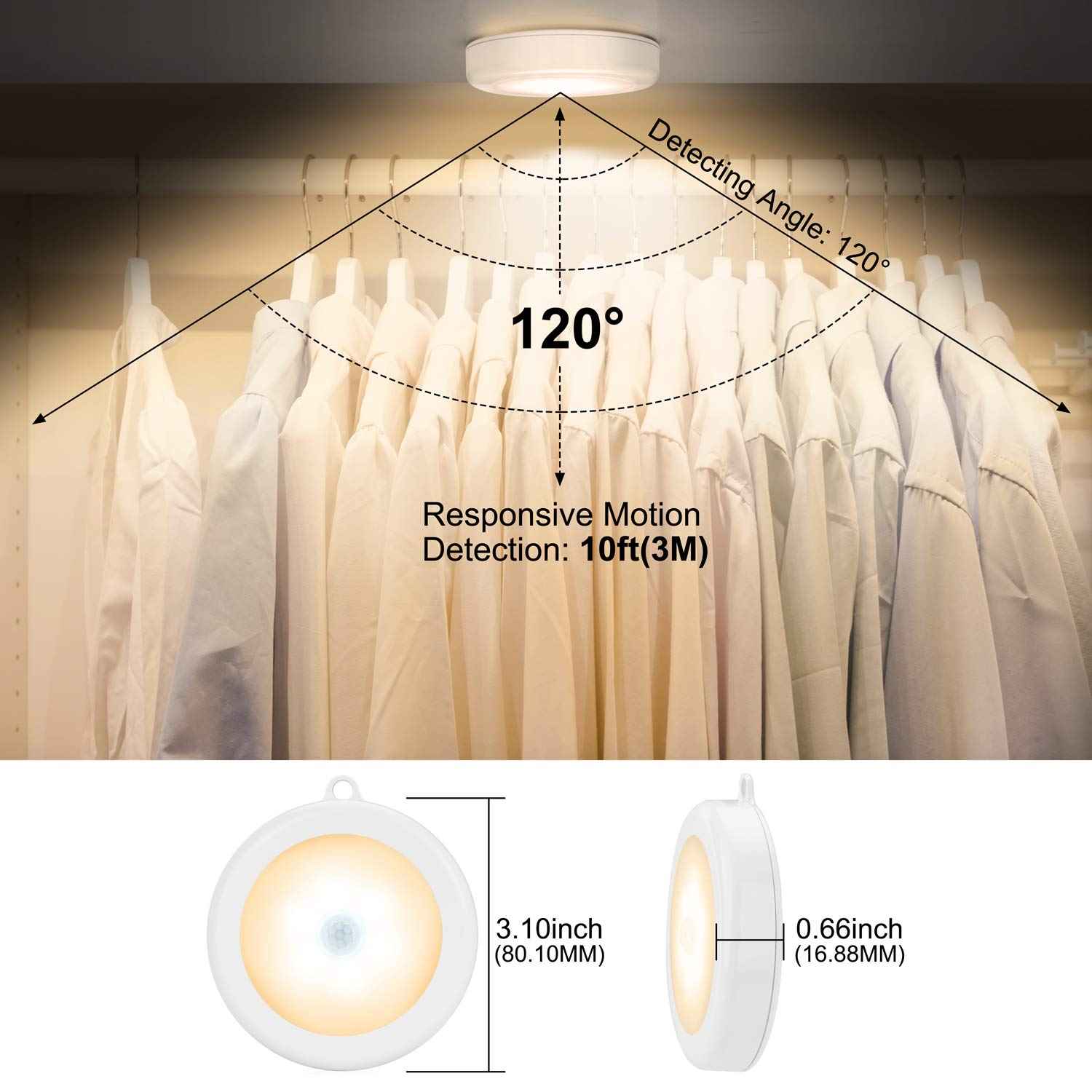 Mlambert 4 Pack Motion Sensor LED Night Light, Cordless Battery-Powered Stick-on Magnet Closet Lights, Safe Lighting for Stairs, Cabinet, Warm White