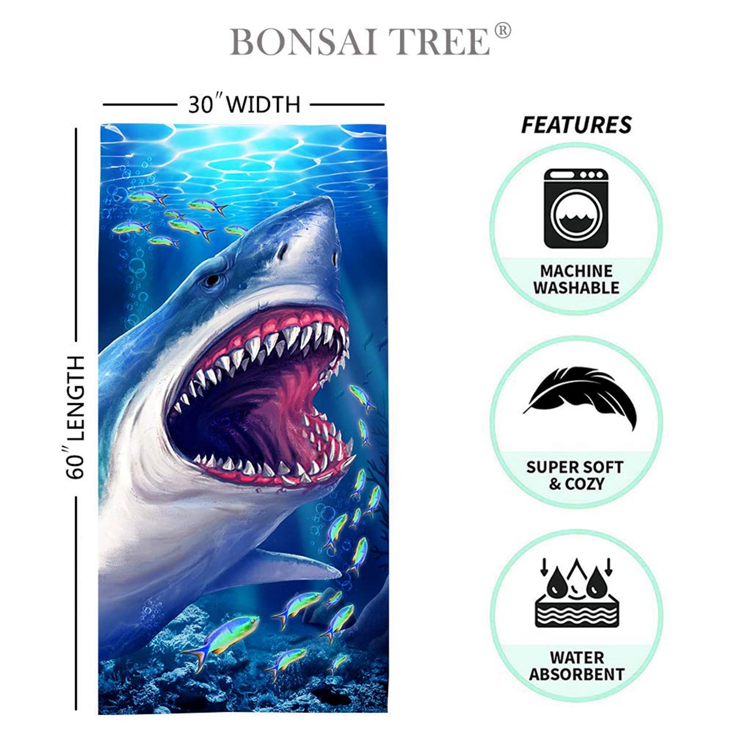 Bonsai Tree Shark Beach Towel, Cool Ocean Fishes Microfiber Bath Towel