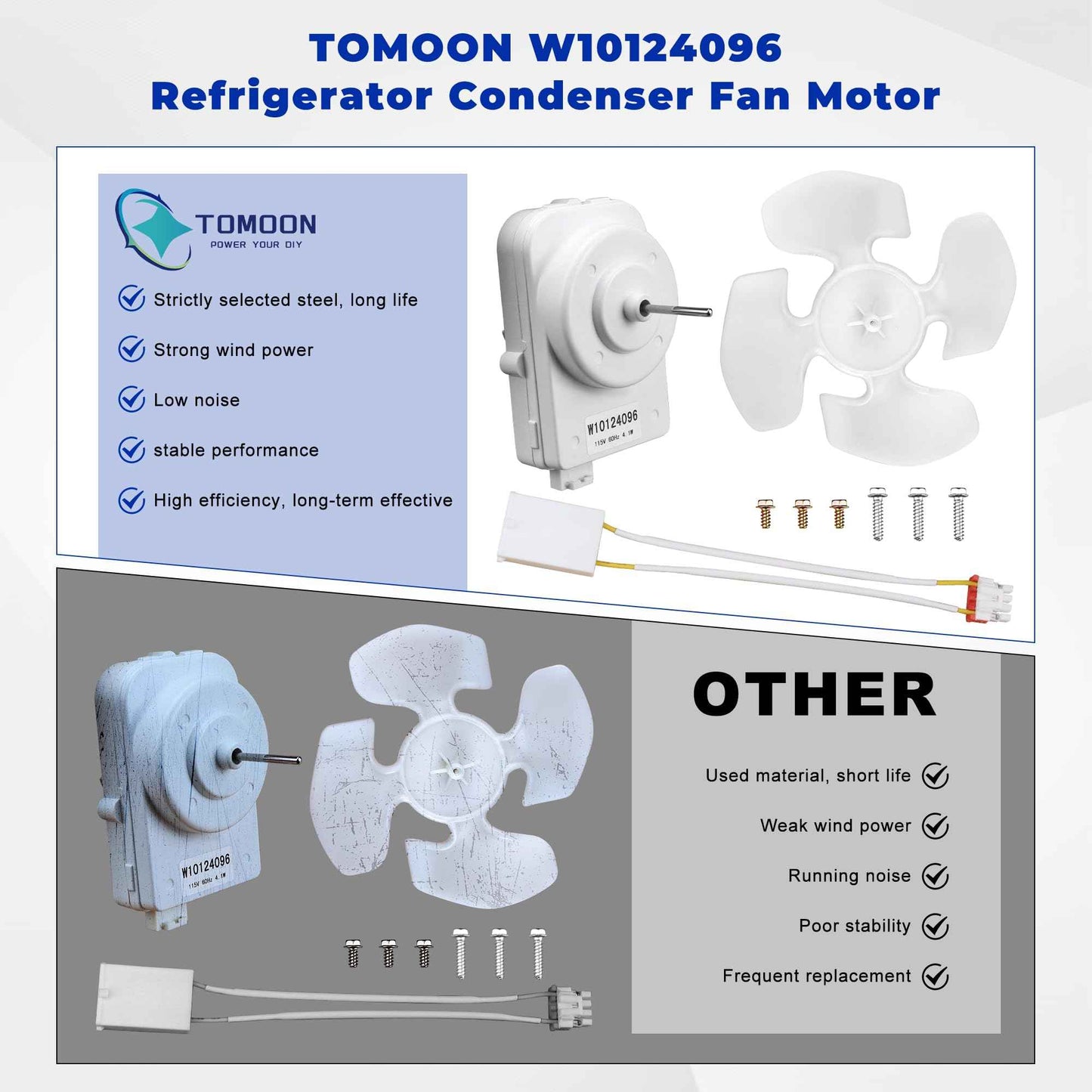 W10124096 W10130108 W10204250 Refrigerator Condenser Fan Motor Kit - Compatible with Whirlpool, KitchenAid & Kenmore, with Motor, Blade, Harness & Hardware,Replace 2188727 2188538