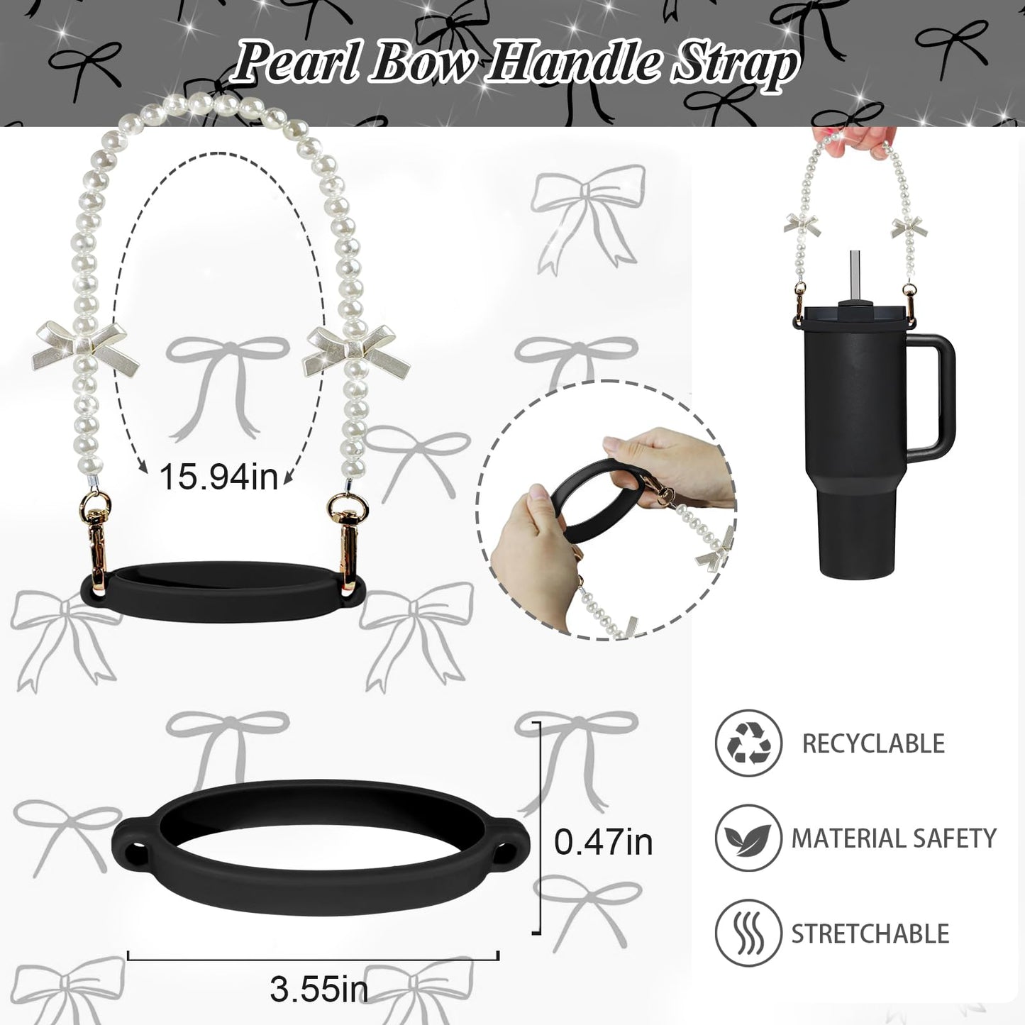 VirgoCCY Black Bow Stanley Cup Accessories Set Including Siliocne Straw Cover, Siliocne Boot, Water Bottle Handle Strap, Charms for Stanley Cup 40oz 30oz Tumbler with Handle, Black