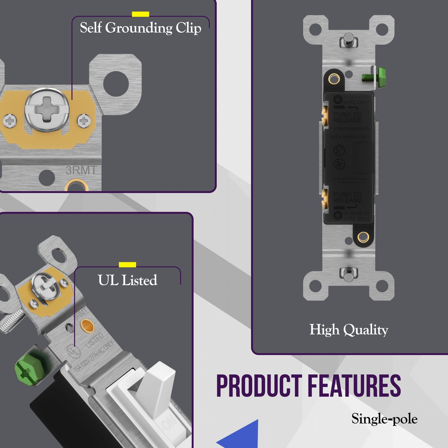 ENERLITES Toggle Light Switch, Single Pole, 15A 120-277V, Grounding Screw, Residential Grade, UL Listed, 88115-W-5PCS, White (5 Pack)