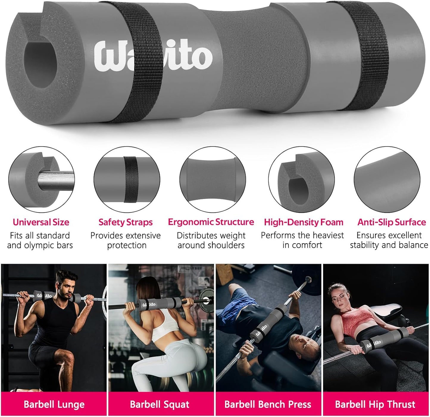 WALITO Barbell Pad Set - 8Pcs Hip Thrust & Squat Pad with Ankle Straps & Resistance Bands