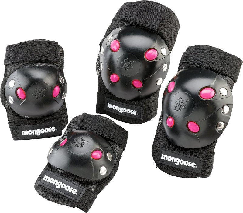 Mongoose Kids BMX Bike Gel Knee and Elbow Pad Set, Multi-Sport Protective Gear for Boys and Girls Age 8 and Up, Kneesavers and Elbowsavers, Black/Pink