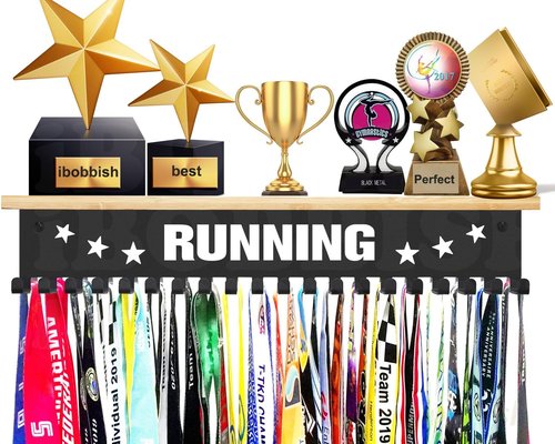 iBobbish Premium Trophy Display Shelf - Sturdy 16-Inch Metal Shelf with Hooks for Medals | Large Bamboo Design