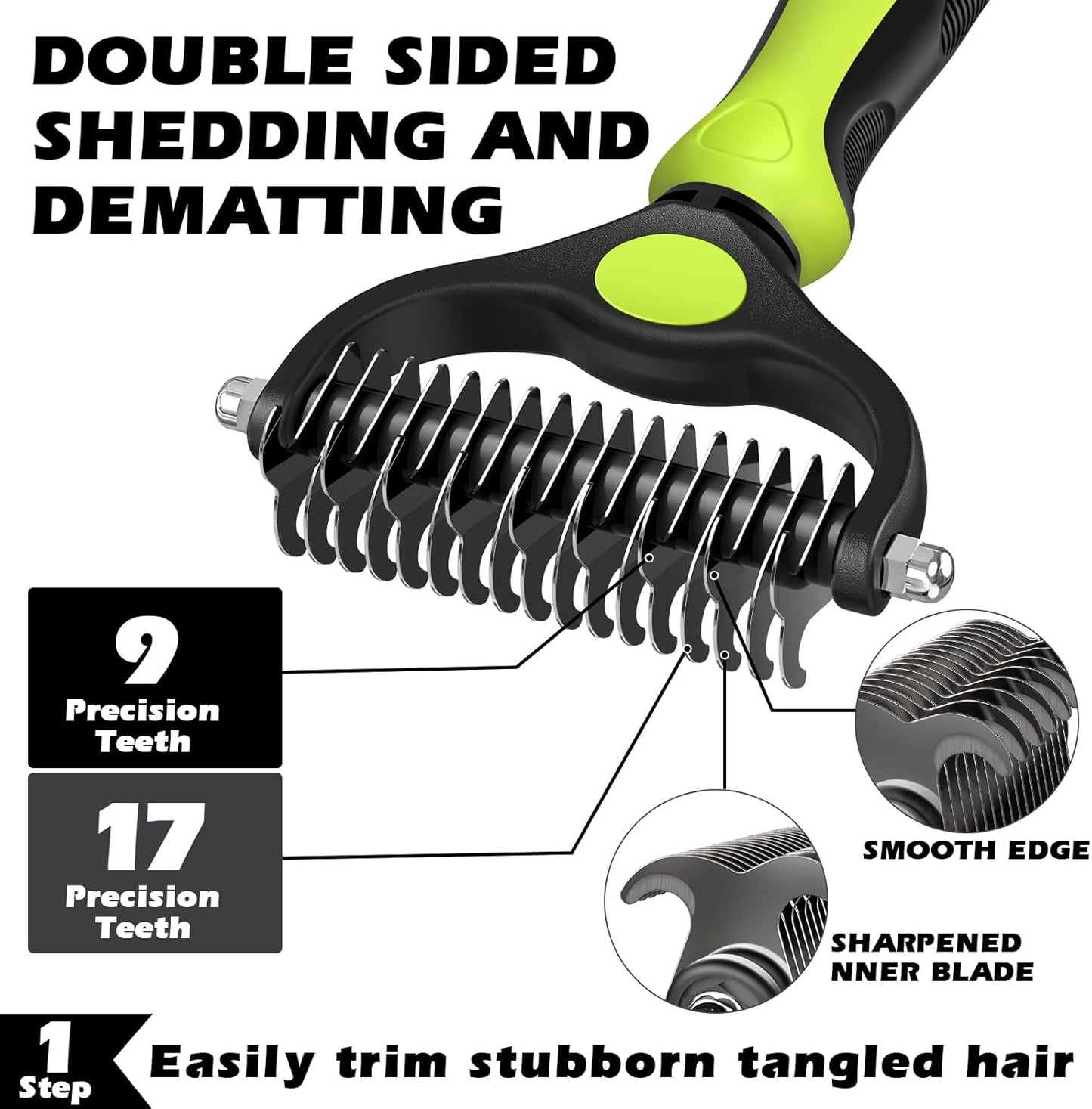 Skiennix 3PCS Pet Grooming Set - Self-Cleaning Slicker Brush, Rake & Flea Comb for Dogs, Cats & Horses | Skin-Friendly Dematting Tool (Green)