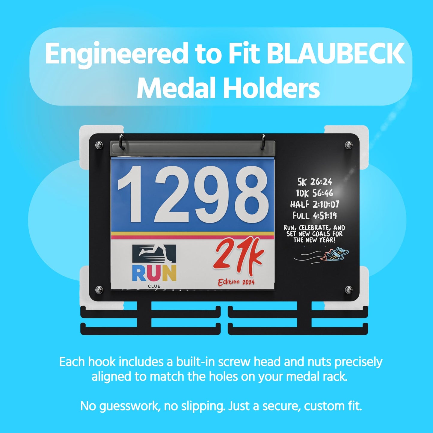 BLAUBECK 4-Pack Adhesive Wall Hooks Medal Holder – No-Drill Mounting Kit with Screws – Heavy-Duty Peel & Stick Hooks for Runners Medal Display