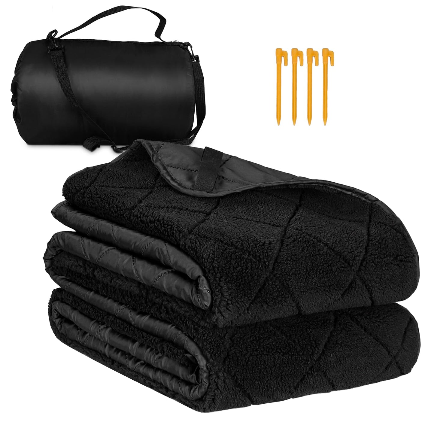 Northroad Waterproof Camping Blanket with Sherpa Lining, Large Windproof Outdoor Blanket for Cold Weather, Light Weight and Warm for Picnic, Stadium, Dog, Concert, 55"x82" (Black, 1PCS)