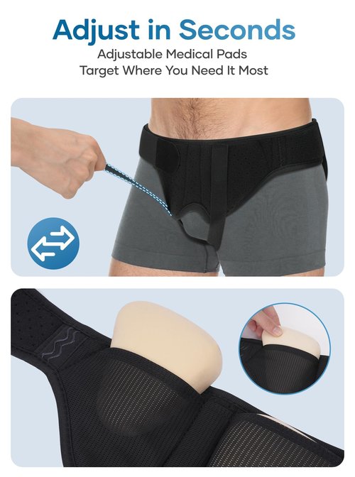 Tovrinala Hernia Belt for Men and Women, Hernia Support Truss for Single/Double Inguinal, Adjustable Waist Strap with 2 Removable Compression Pads, Black