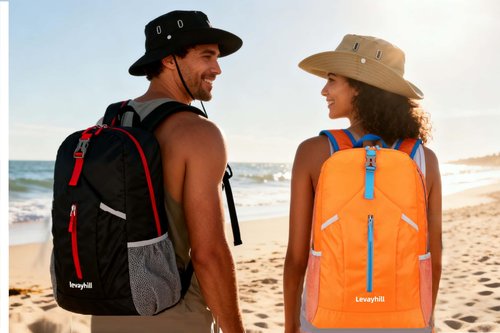 levayhill 25L Foldable Backpack & Bucket Hat 2 IN1 Combo, Lightweight packable Travel Set, Compact Daypack Sun Fisherman Hat (Black)