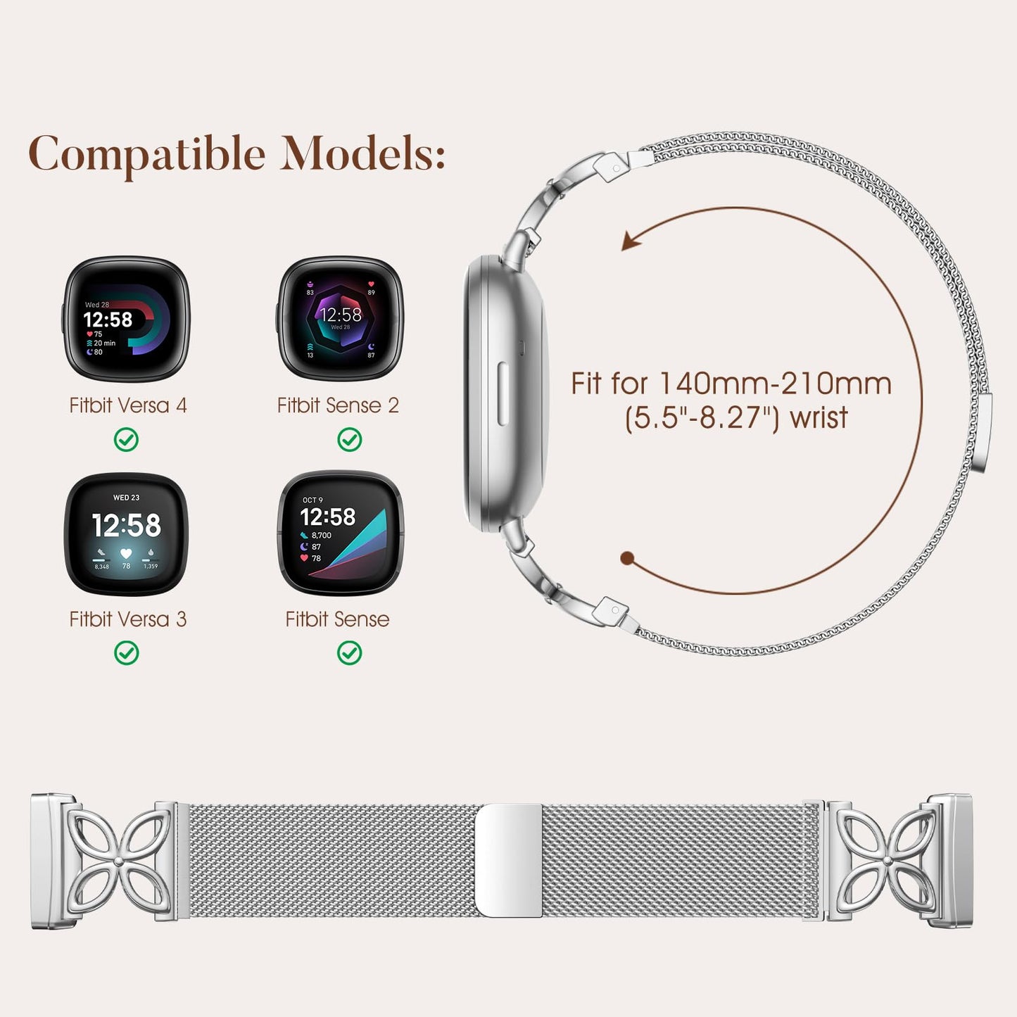 JKD Floral Shape Metal Band Compatible with Fitbit Versa 4 Bands for Women Men/Fitbit Sense 2 Bands, Stainless Steel Soft Mesh Loop Sports Strap for Fitbit Sense/Versa 3/Versa 4 Smartwatch, Silver