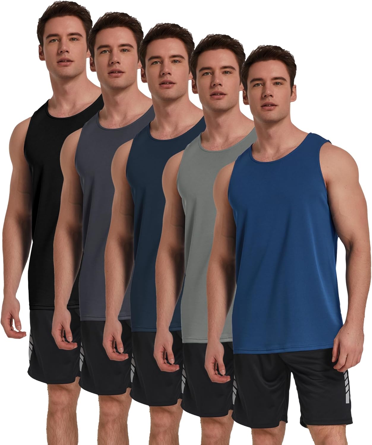 TELALEO Men's Workout Tank Tops - Quick Dry Sleeveless Mesh Gym Shirts | 5 Pack in Black, Gray, Charcoal, Navy, Blue