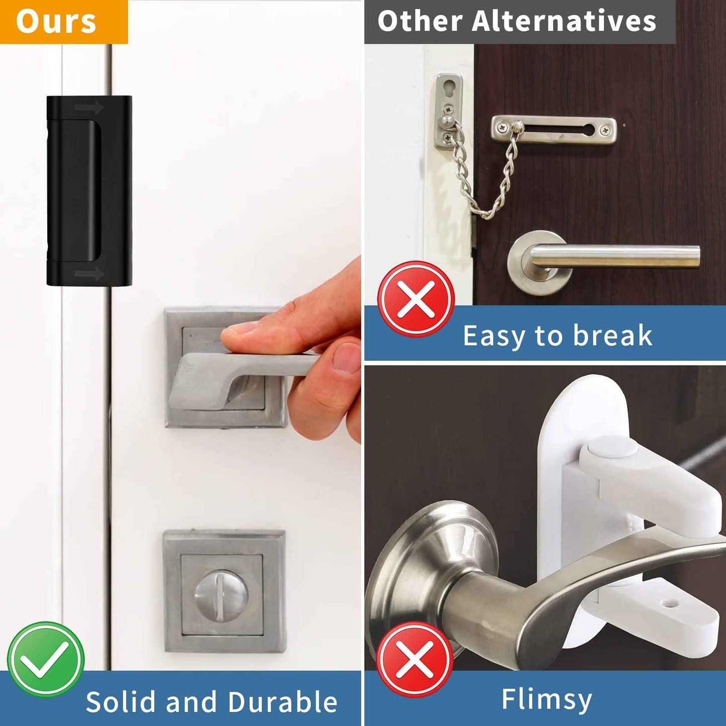 Home Security Door Reinforcement Lock Safety Latch Extra Front Doors Security Devices, Anti Door Kick in Safety Protector for Door Inside, Child Proof Aluminum Locks Black 2Pack
