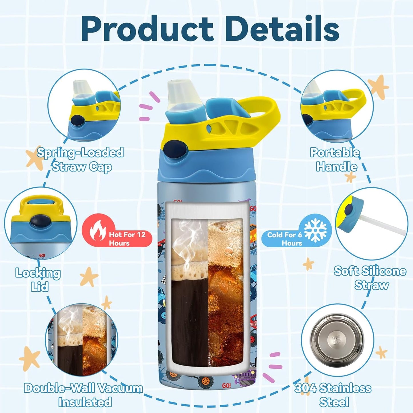 Monster Truck | 12 oz Kids Water Bottle - Insulated, BPA-Free, Leak-Proof with Straw & Handle