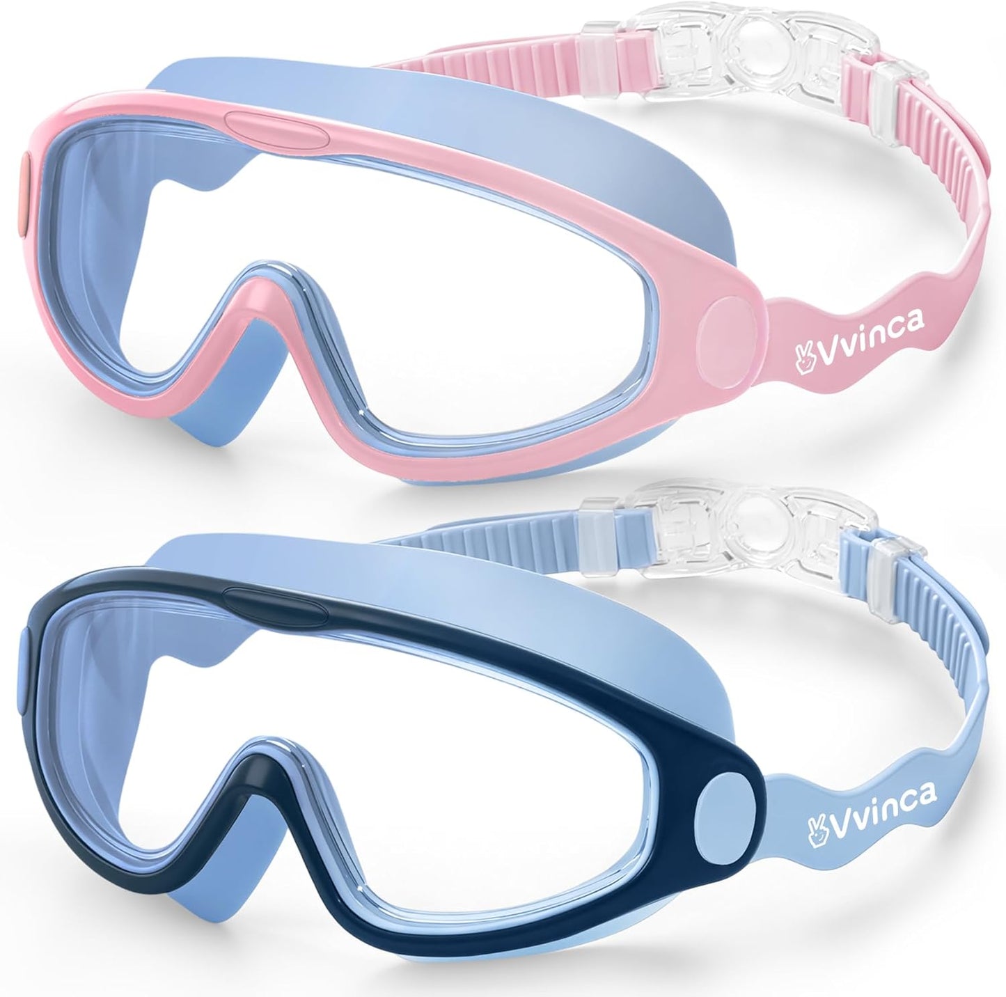 Vvinca Kids Swim Goggles - Soft Wave-Shape Strap for Comfort | Anti-Fog, Leak-Free, 2 Pack (Ages 3-15)