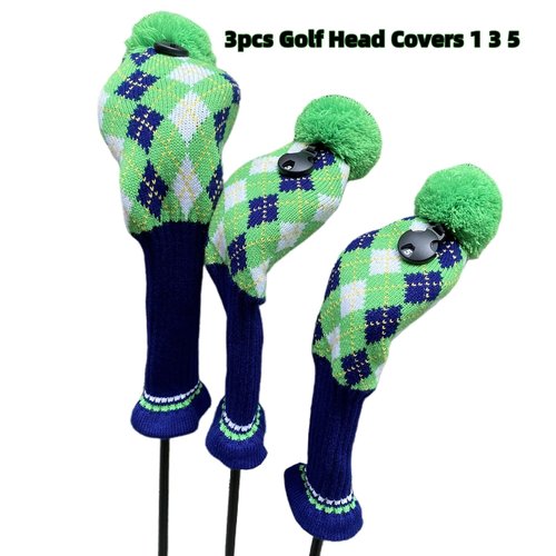 CHILXE 3pcs Knit Golf Headcovers, Driver & 2 Fairway Woods, Green & Blue, Pom Pom, Polyester