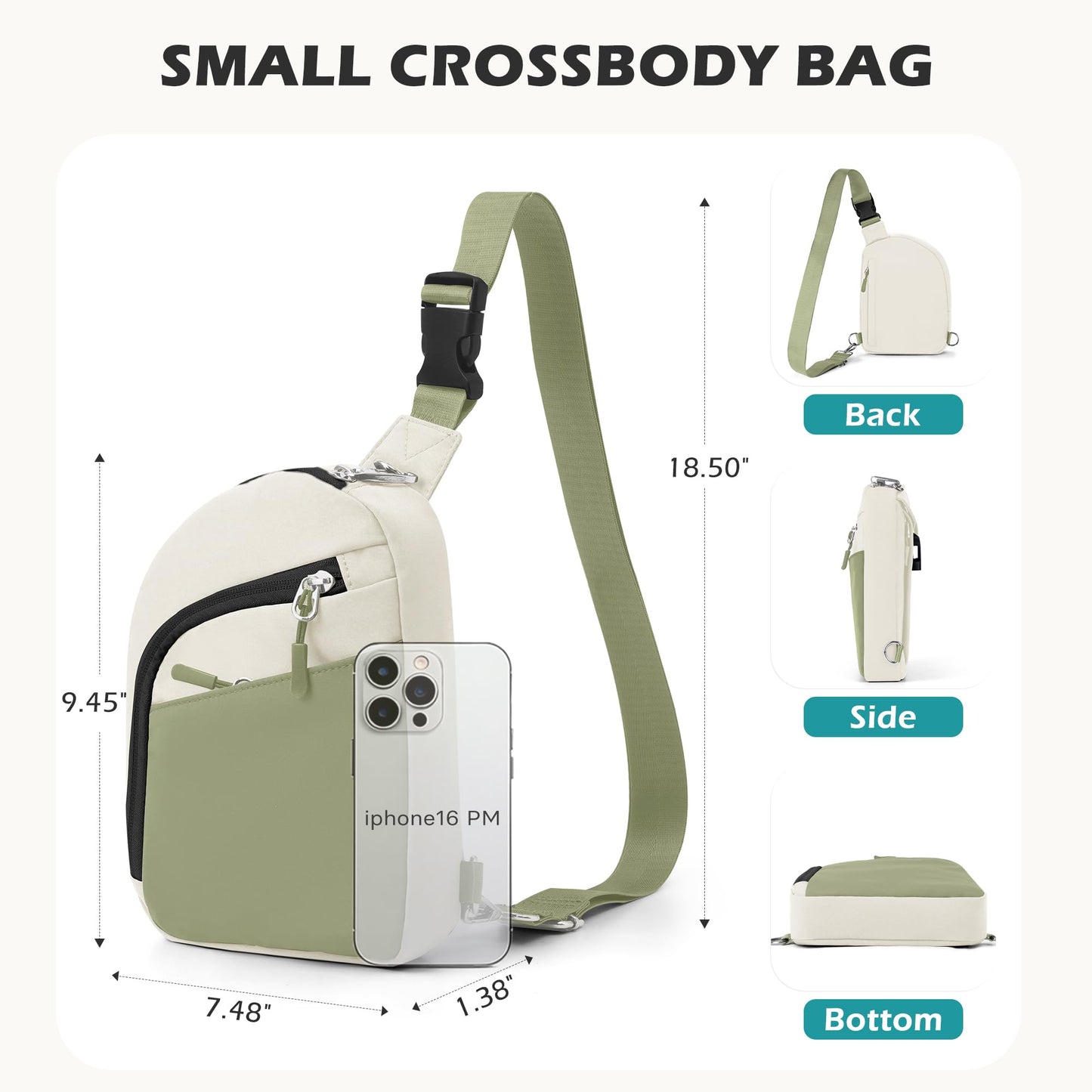 TOPEAST Anti-Theft Crossbody Bag for Women Men, Small Cross Body Bags Shoulder Bag for Travel Work, Slim Sling Bag with RFID Blocking for Gift, Beige Green