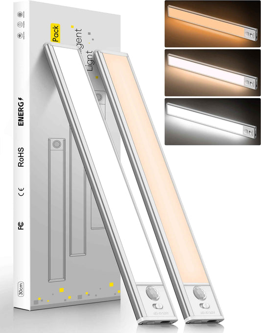FAXBOX 11.82in Under Cabinet Lighting,with Motion Sensor,LED 3 Color Temperature(3000K/4000K/6000K),Closet Lights Motion Sensored,1800mAh USB-C Charging,Magnetic Mount Options,Home Lamp Decor（2Pack）