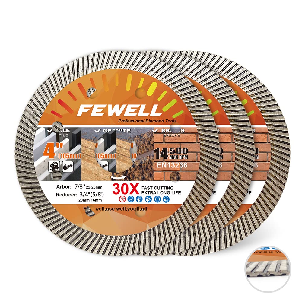 FEWELL 4Inch Diamond Ceramic Saw Blade for Angle Grinder,Spuer Thin Turbo Blade Cutting disc for Porcelain,Ceramic Tile Granite Brick and Concrete 105x10x22.23 mm (3-Packs)
