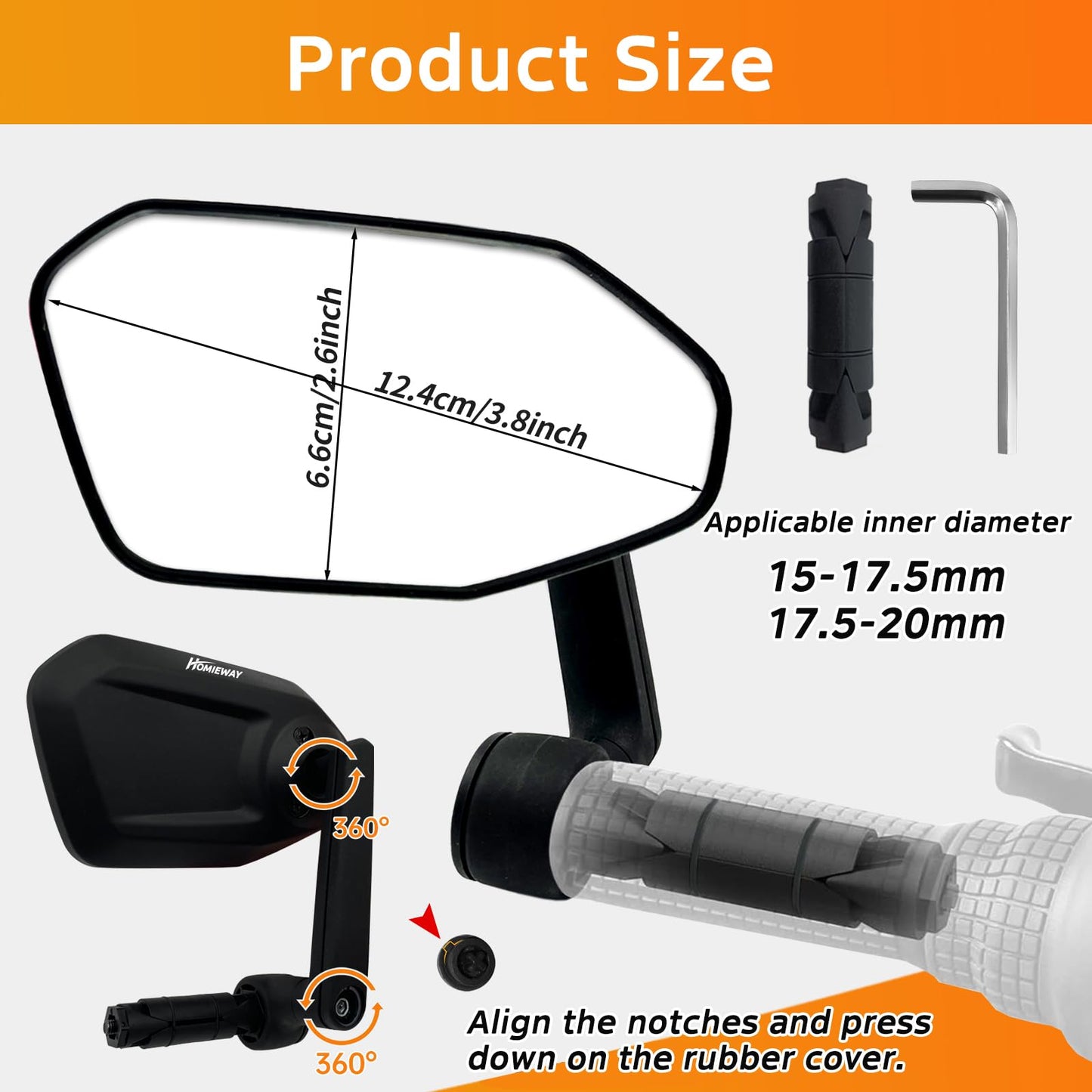 Homieway Bike Mirror, Adjustable Bicycle Mirror Handlebar Mount, Scratch Resistant HD Glass Lens, Large Bar End Rear View Mirror for E-bike, Mountain Bike, City Bikes & Scooter (Left 0.59-0.78")
