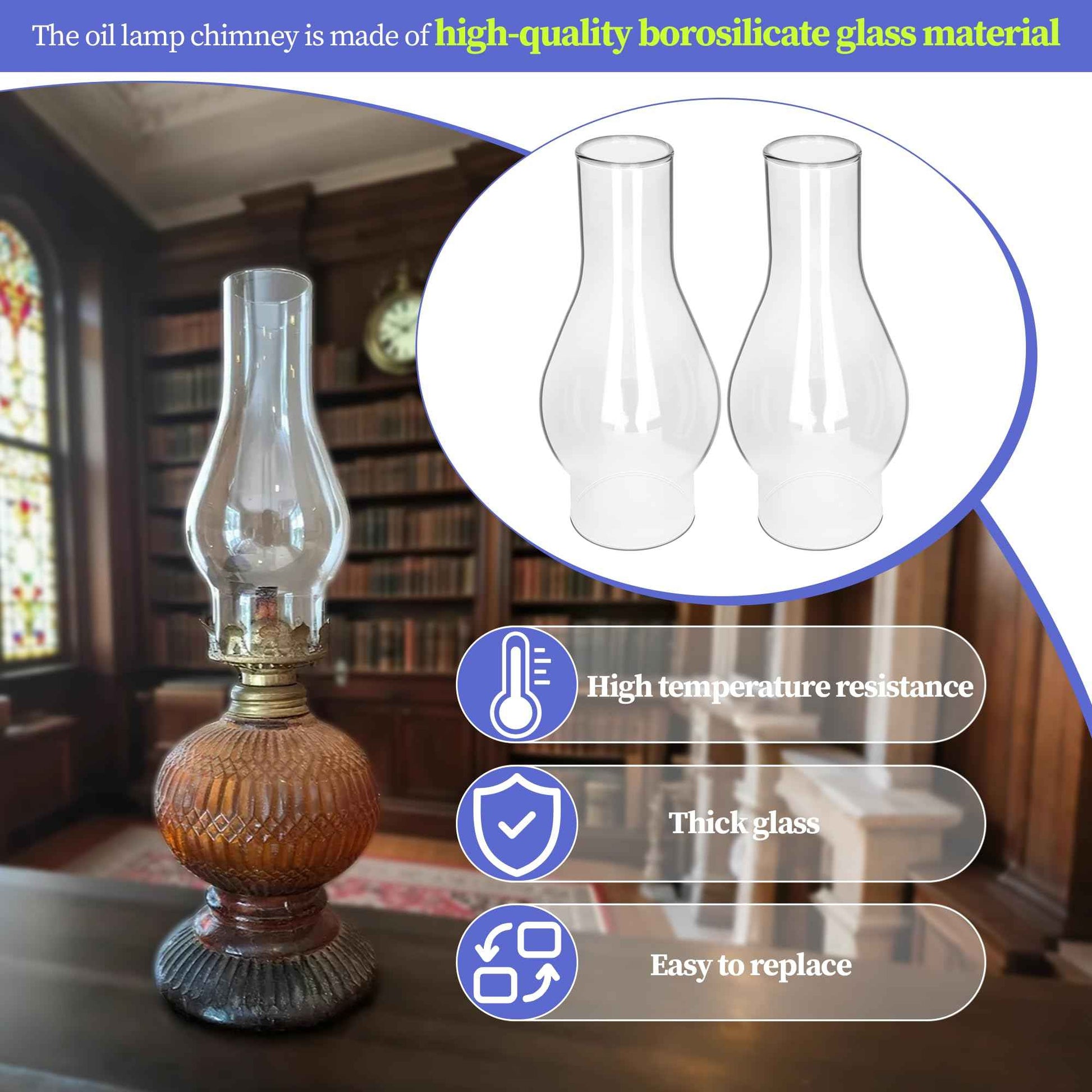 Oil Lamp Chimney Replacement – 2 1/8 Inch Base x 6.5 Inch Height Clear Glass Globe for Vintage Kerosene Lamps, Hurricane Lamp Shade & Parts（2 Pack）