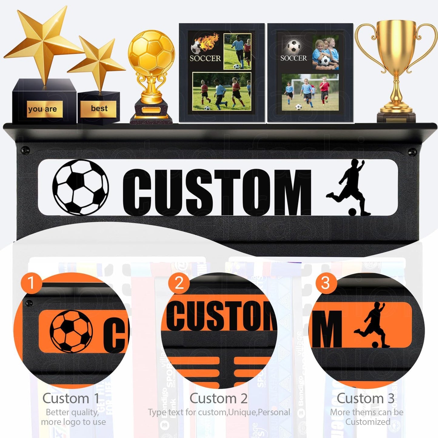 Personalized Medal Holder - Custom Name Display Rack for 63 Awards Ribbons | Metal Wall Mount Hanger for Athletes