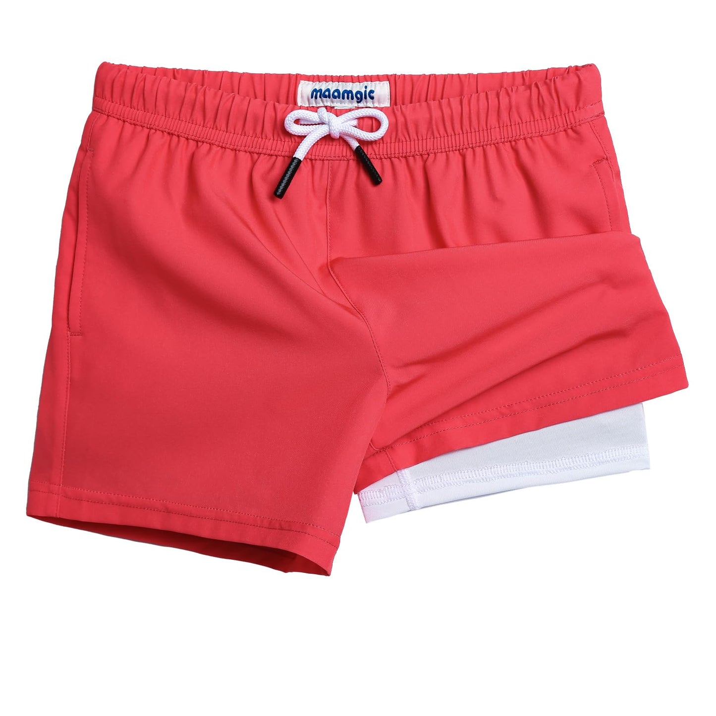 maamgic Boys Swim Trunks with Compression Liner 4-Way Stretch Quick Dry Swim Shorts Swimming Trunks Toddler Boy Hot Coral White 8 Years