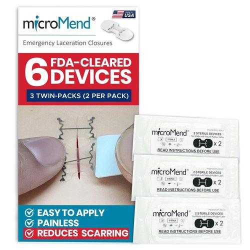 microMend Emergency Wound Closures - Surgical-Grade Laceration Repair Without Stitches | Skin Closure Alternative to Butterfly Bandages | First Aid Kit Essential (6 Medium Wound Closure Devices)
