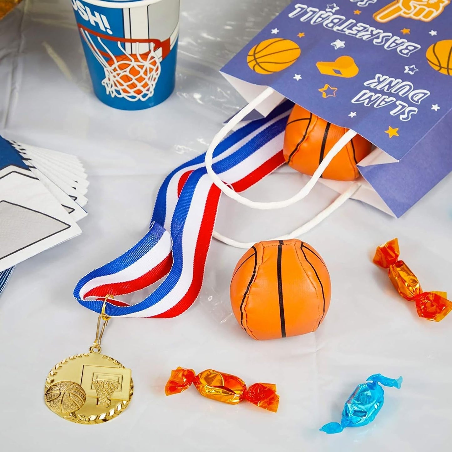 Juvale Basketball Medals for Kids & Adults - 12-Pack, 2" Gold Zinc Alloy & 15.5" - Red, White & Blue Ribbon - Medals for Awards