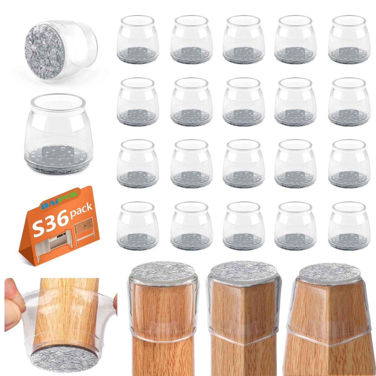 BAIPOK 36Pcs Round Chair Leg Floor Protectors with Felt Bottom, Silicone Chair Leg Covers Caps for Hardwood Floors, Dining Room Bar stools Leg Protectors, Reduce Noise & No Scratch, Clear, Small