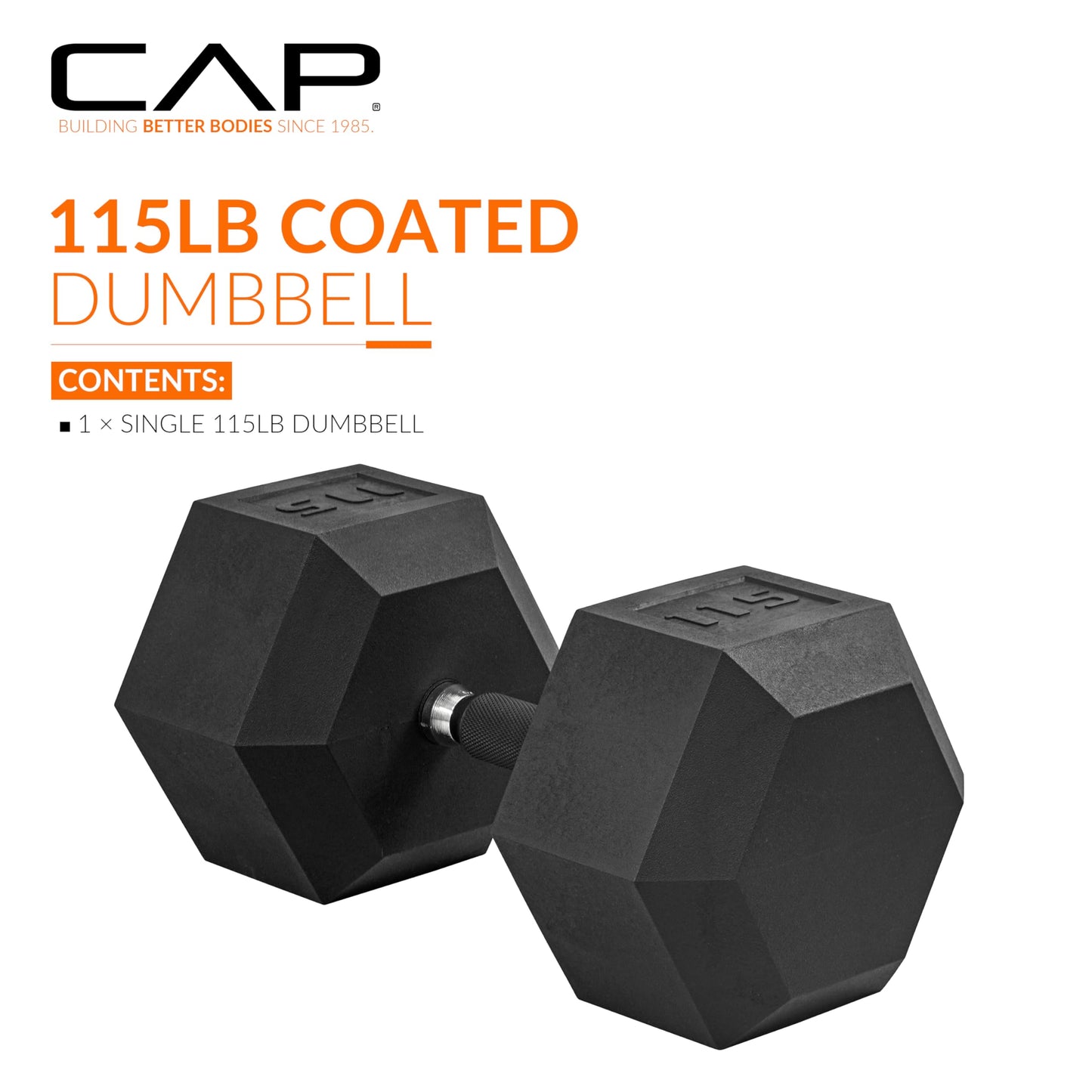 CAP 115 LB Rubber Coated Hex Dumbbell Weight, Rubber Free Weights for Home Gym Strength Training, Comfort Grip Handle, Single