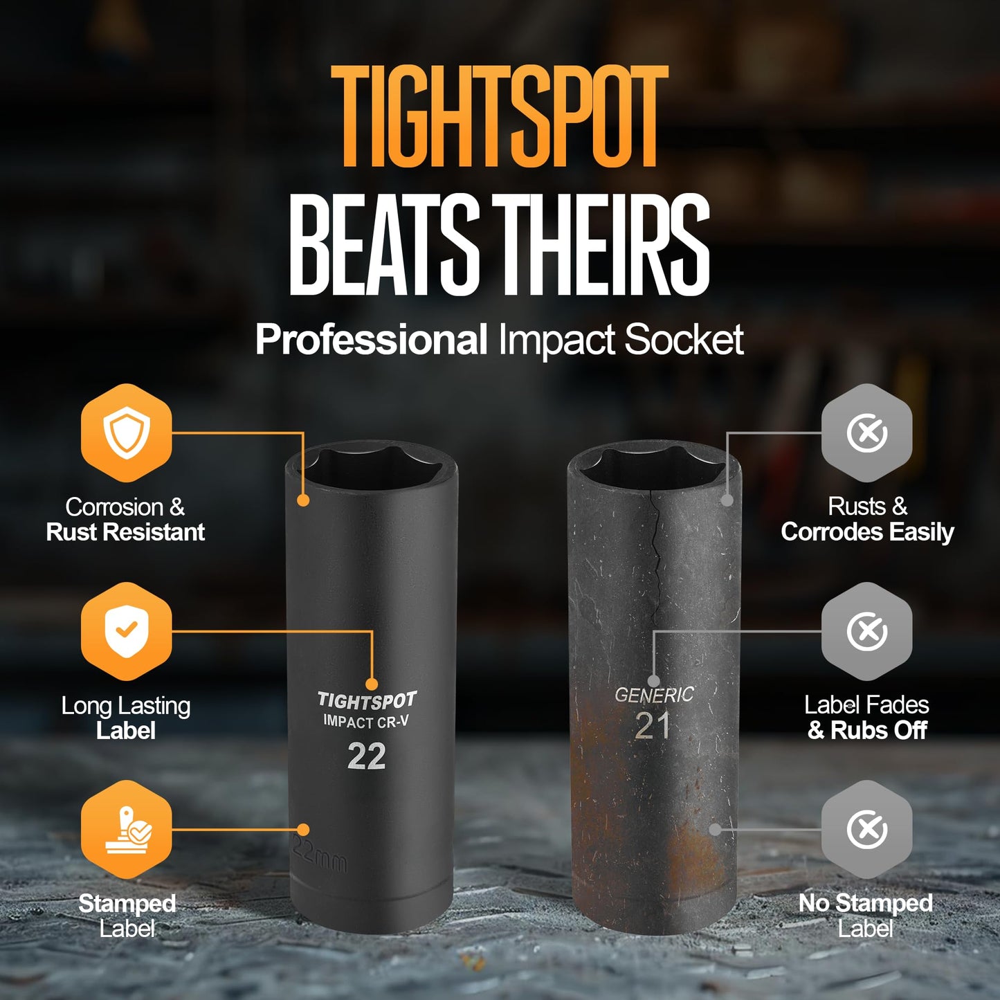 TIGHTSPOT 1/2 Inch Drive 22 mm Deep Impact Socket with Anti-Rounding 6 Point Design, Heat-Treated CRV Steel