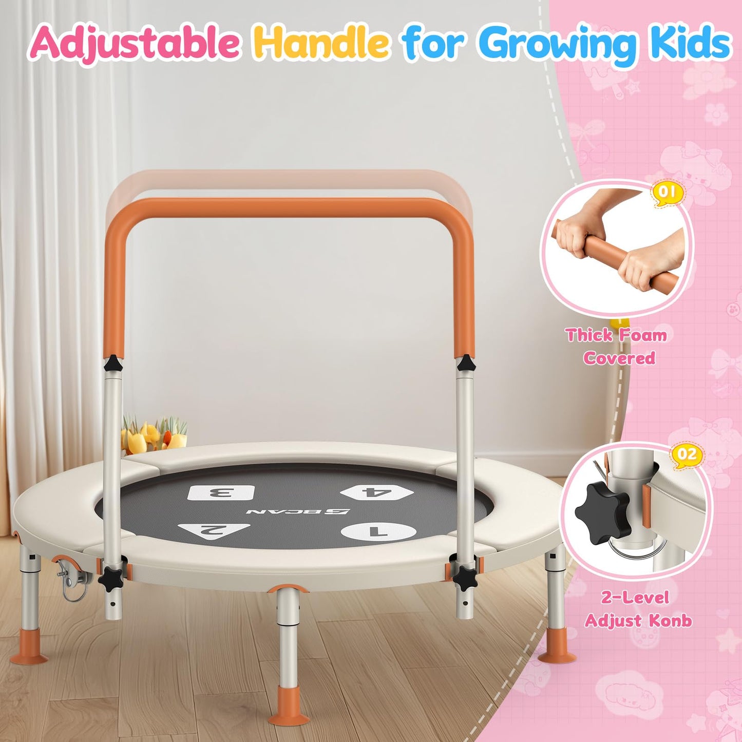 BCAN BT1 36'' Toddler Trampoline, ASTM Certified-Foldable Mini Trampolines for Kids Ages 1-6, Adjustable Handle, Safety Pad & Foldable Legs, Baby Trampoline Indoor/Garden, Gift for Boy and Girl, Beige