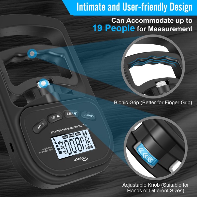 Ryaco Grip Strength Tester, 396lbs/180kg Rechargeable Exerciser Meter Digital Hand Dynamometer Grip Strength Trainer Electronic Hand Grip Strengthener with LCD Display for Sport Home School Use