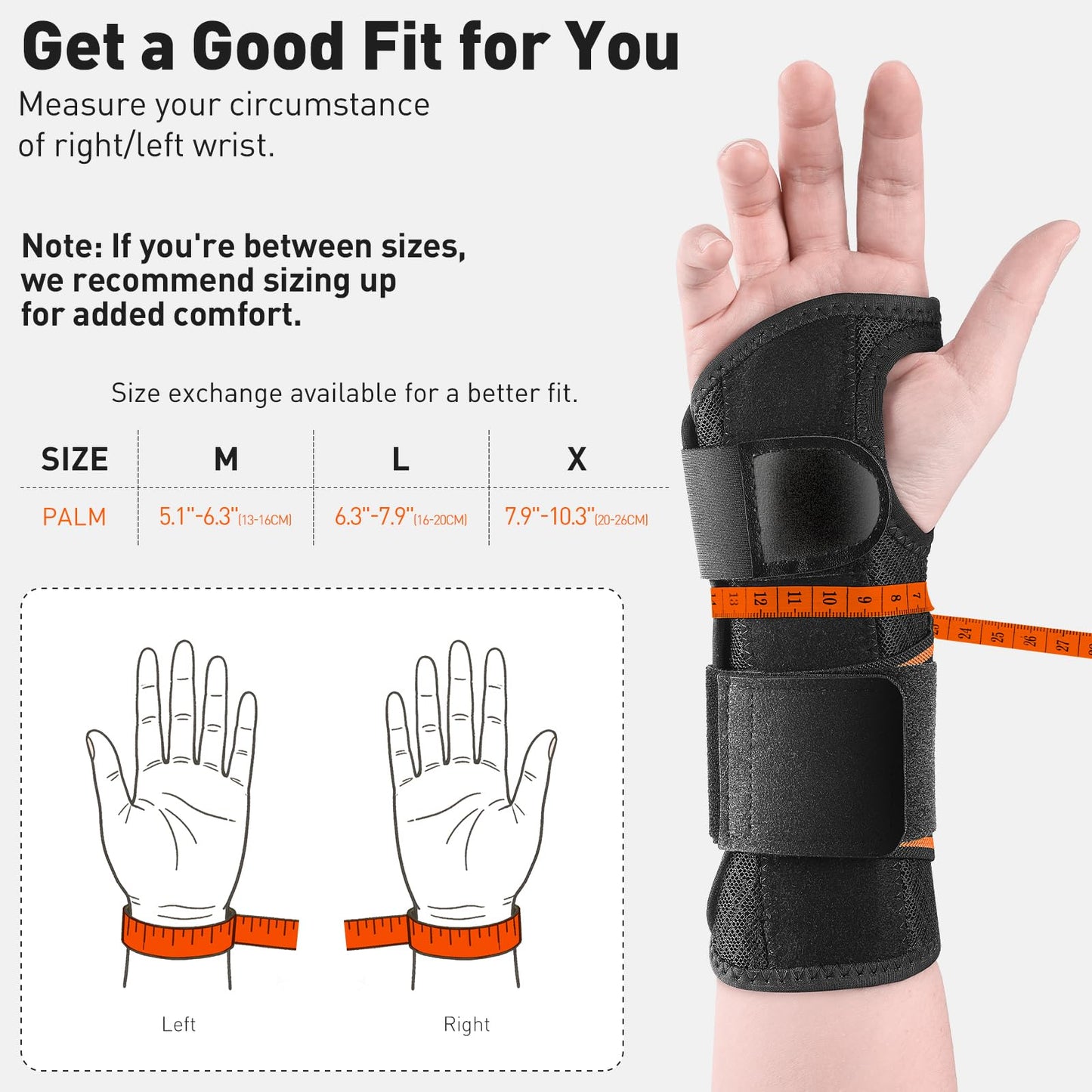 Kneopms Carpal Tunnel Wrist Brace Night Support Fit Right Hand for Work, Pain Relief Wrist Splint for Tendonitis, Sprain, Strain, Rigid Hand Brace for Arthritis for Women and Men(Black, M, Right) (Black, M, Left Hand)