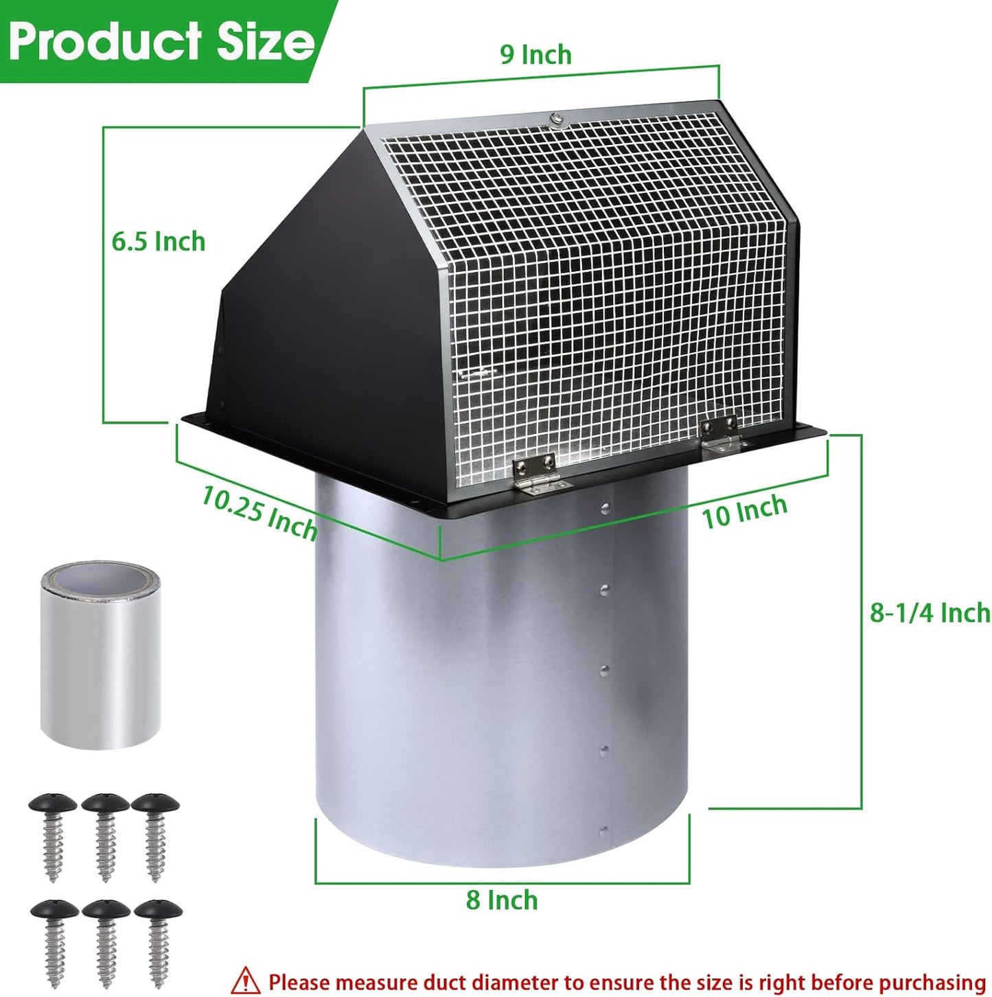 5-Inch Exterior Dryer Vent Cover with Screen & Damper - Galvanized Steel, Black