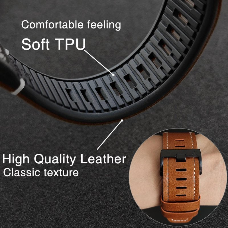Abanen Quick Fit 26mm Leather Watch Bands for Garmin Instinct 2X / Fenix 7X / Fenix 6X / Fenix 5X, Fiber Leather with Silicone Lining Stitches Soft Sweat-proof Wrist Strap for EPIX Pro 51mm (Brown)