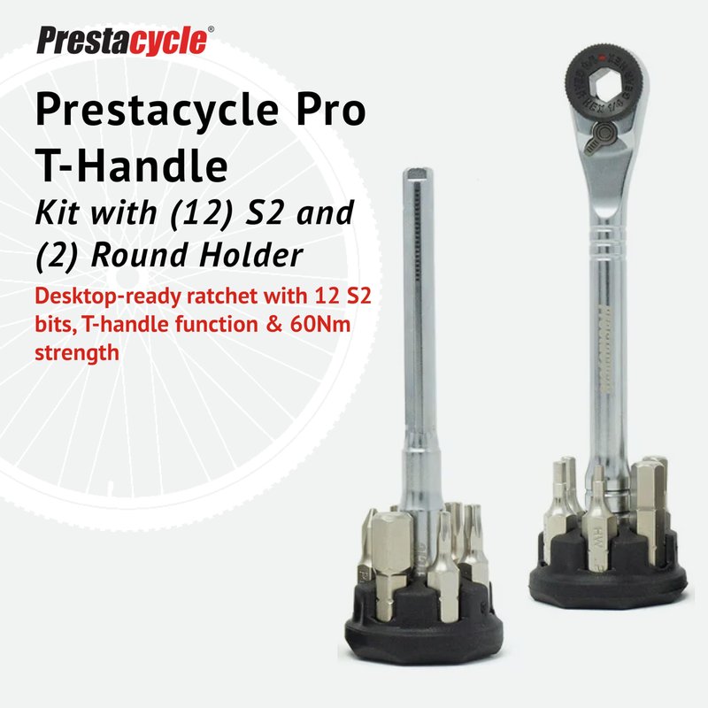 Prestacycle Pro T-Handle Ratchet Kit with (12) S2 Bits and (2) Round Bit Holders – Compact Desktop/Benchtop 3-Way Ratchet Tool, Reversible Thumb-Wheel, 60Nm Heavy-Duty Torque