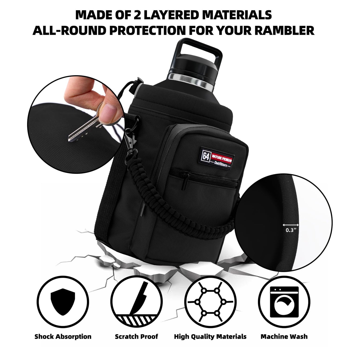 NATURE PIONEOR Water Bottle Holder with Adjustable Strap - Half/One Gallon (64/128oz) Insulated Water Bottle Sling Carrier with Phone Pocket & Paracord Handle, Outdoor Camping, Hiking, Gym