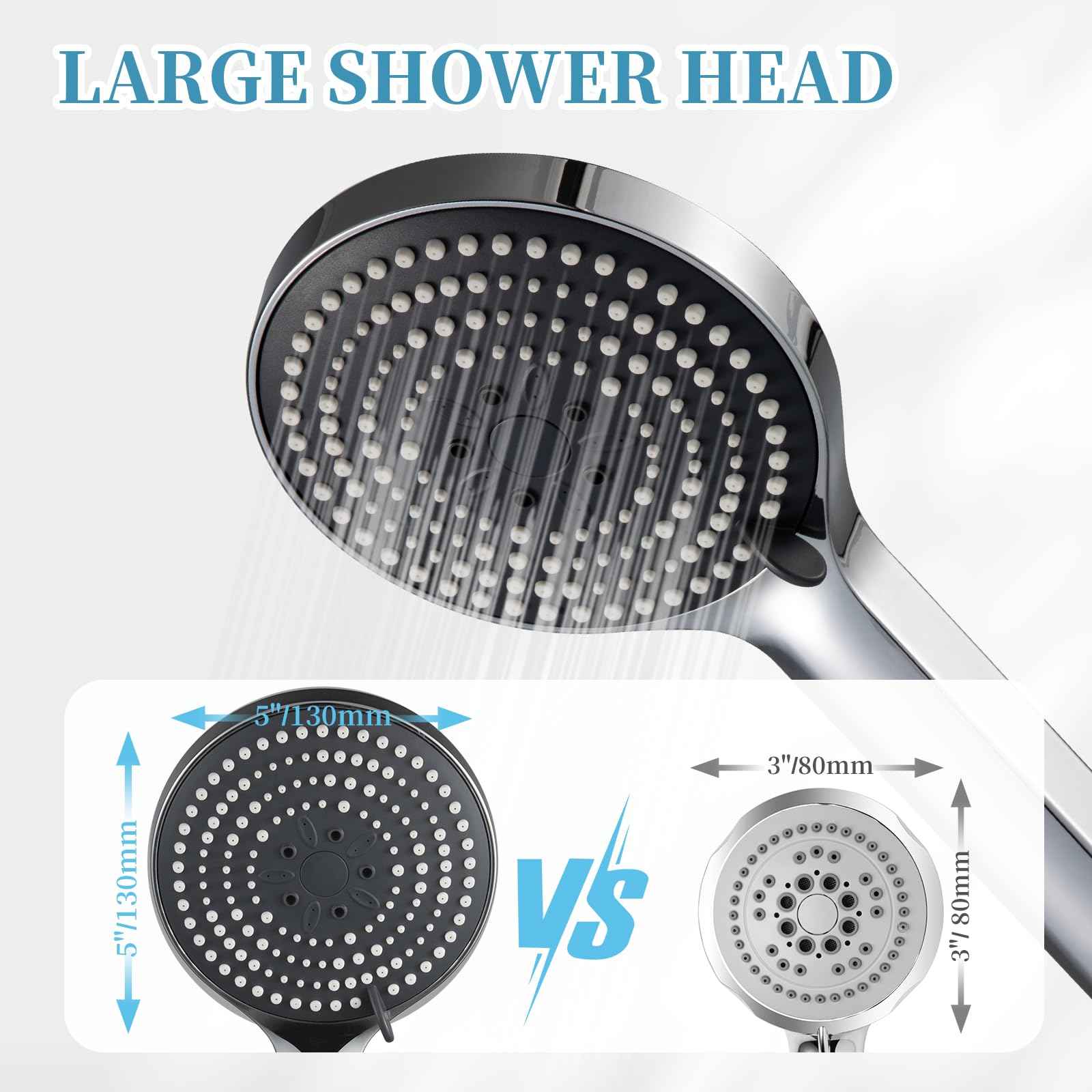 OFFO Handheld Shower Head Set, 6-Mode High Pressure Handheld Sprayer with 60 in Stainless Steel Hose & Holder, High Flow Large Powerful Boosting Handheld Showerhead for Low Water Pressure, Chrome